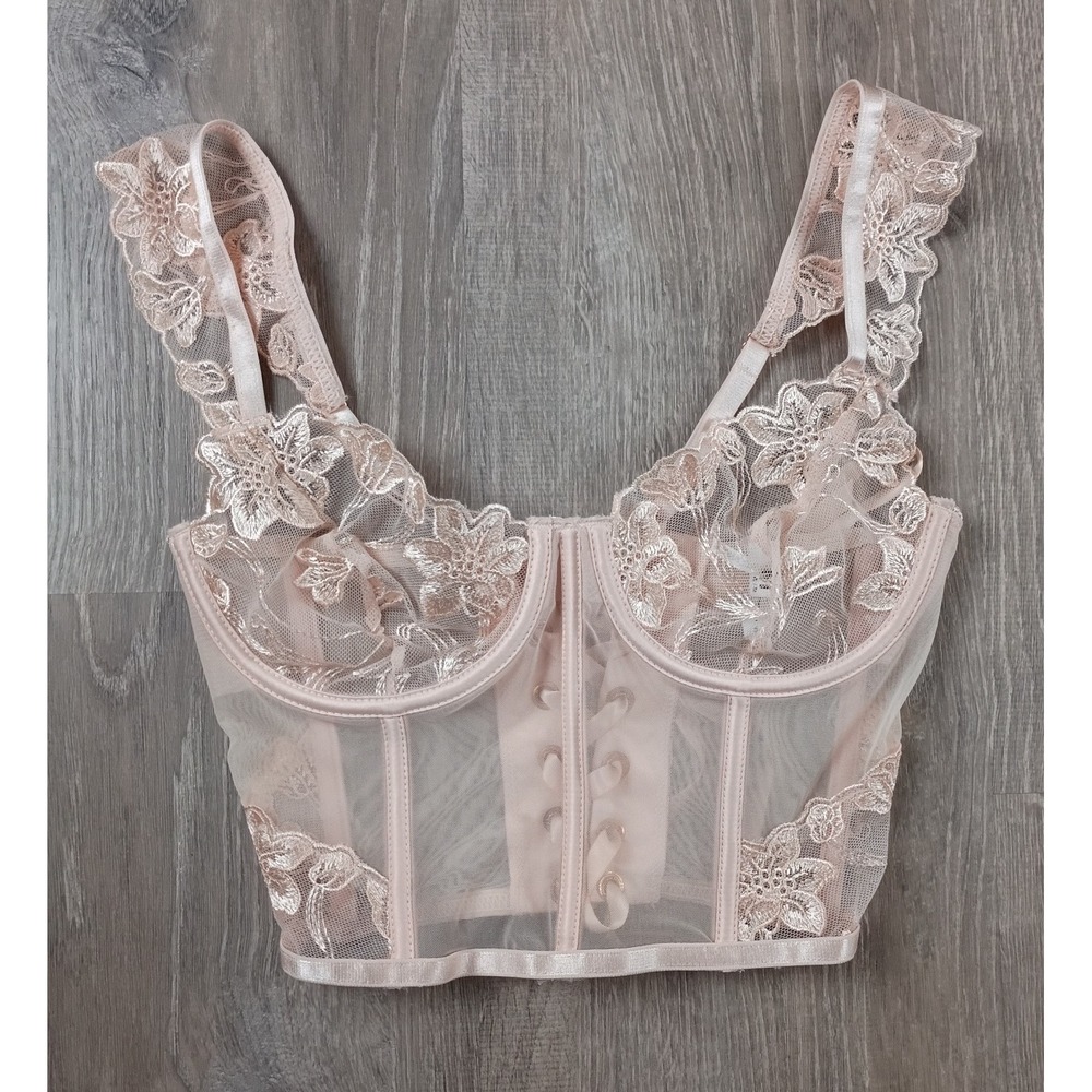 Fashion Nova Corset Lace Bustier Longline Bra Medium Sheer Underwire Pink